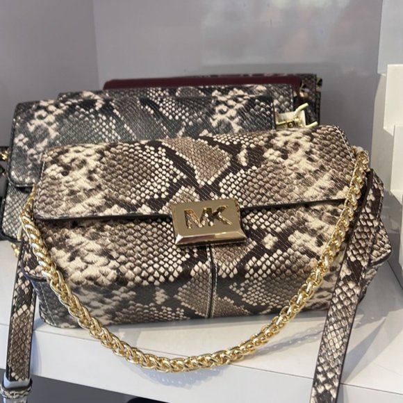 Michael Kors Sonia Medium Snake Embossed Shoulder Bag Natural - Picture 10 of 16
